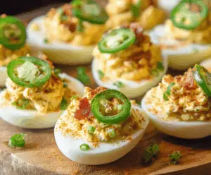 Savory jalapeño popper deviled eggs filled with creamy filling and topped with crispy bacon bits.