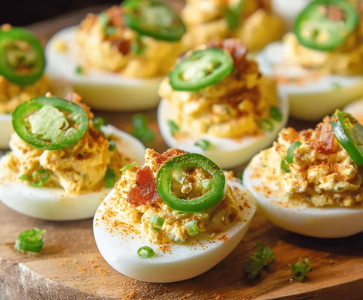 Savory jalapeño popper deviled eggs filled with creamy filling and topped with crispy bacon bits.