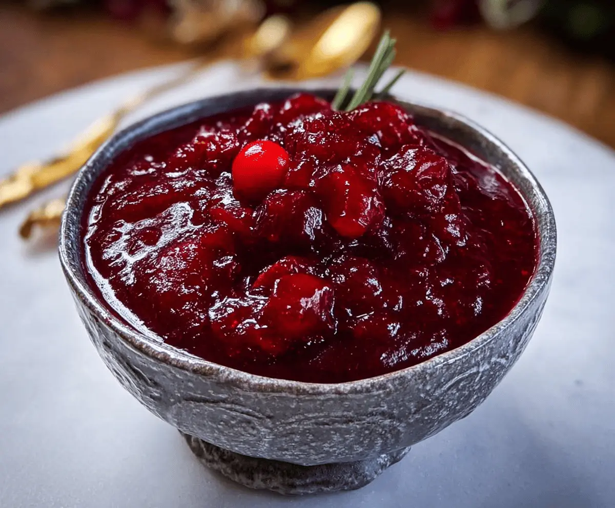 Joanna Gaines Cranberry Sauce in a glass bowl with fresh cranberries and mint garnish for Thanksgiving.