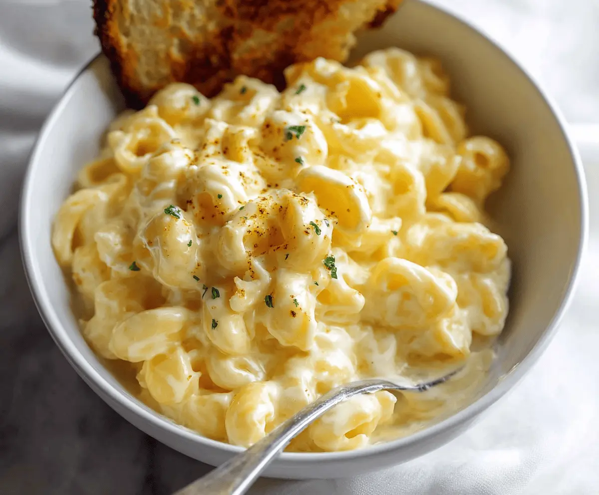 Creamy Joanna Gaines Mac and Cheese topped with melted cheese and herbs.