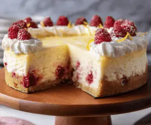 Delicious Lemon Raspberry Cream Cheesecake with fresh berries and creamy topping