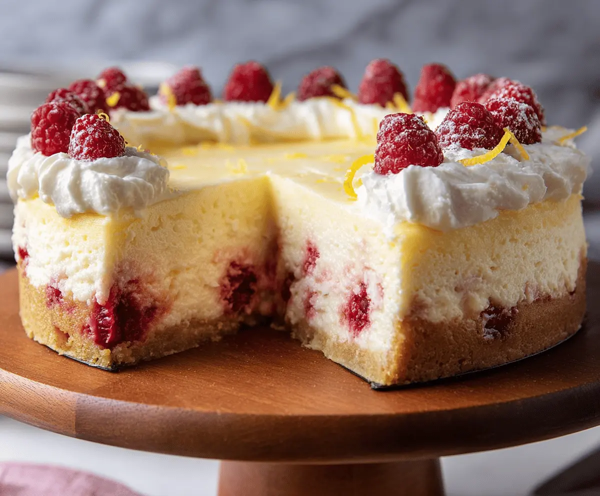 Delicious Lemon Raspberry Cream Cheesecake with fresh berries and creamy topping