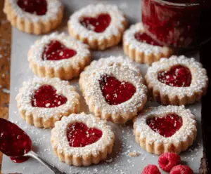 Delicious homemade Linzer Raspberry Cookies with powdered sugar and raspberry jam filling.