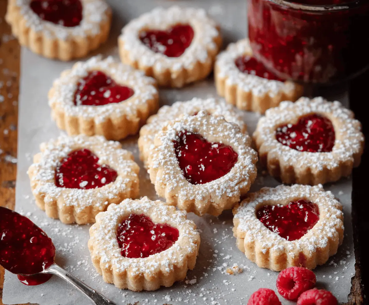 Delicious homemade Linzer Raspberry Cookies with powdered sugar and raspberry jam filling.