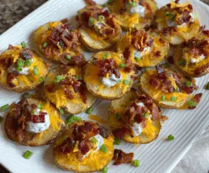 Delicious loaded mini potato bites topped with cheese and bacon for a savory appetizer.