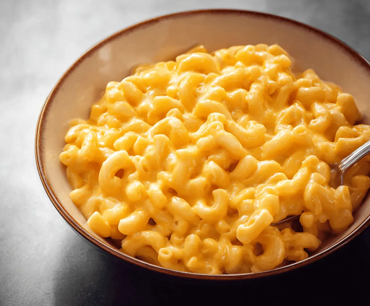 Creamy homemade mac and cheese served in a rustic bowl, topped with melted cheese and herbs.