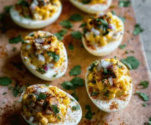 Delicious Mexican Street Corn Deviled Eggs garnished with lime and chili powder on a vibrant platter.