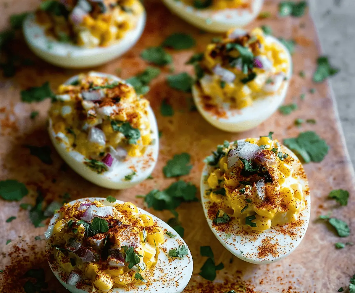 Delicious Mexican Street Corn Deviled Eggs garnished with lime and chili powder on a vibrant platter.