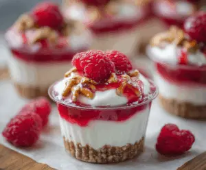Delicious no-bake raspberry pretzel cups with fresh raspberries and crunchy pretzel crust