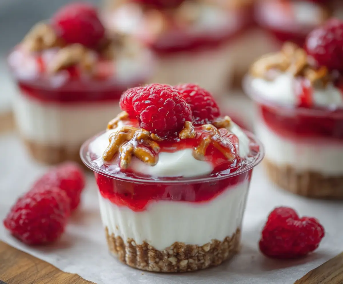 Delicious no-bake raspberry pretzel cups with fresh raspberries and crunchy pretzel crust