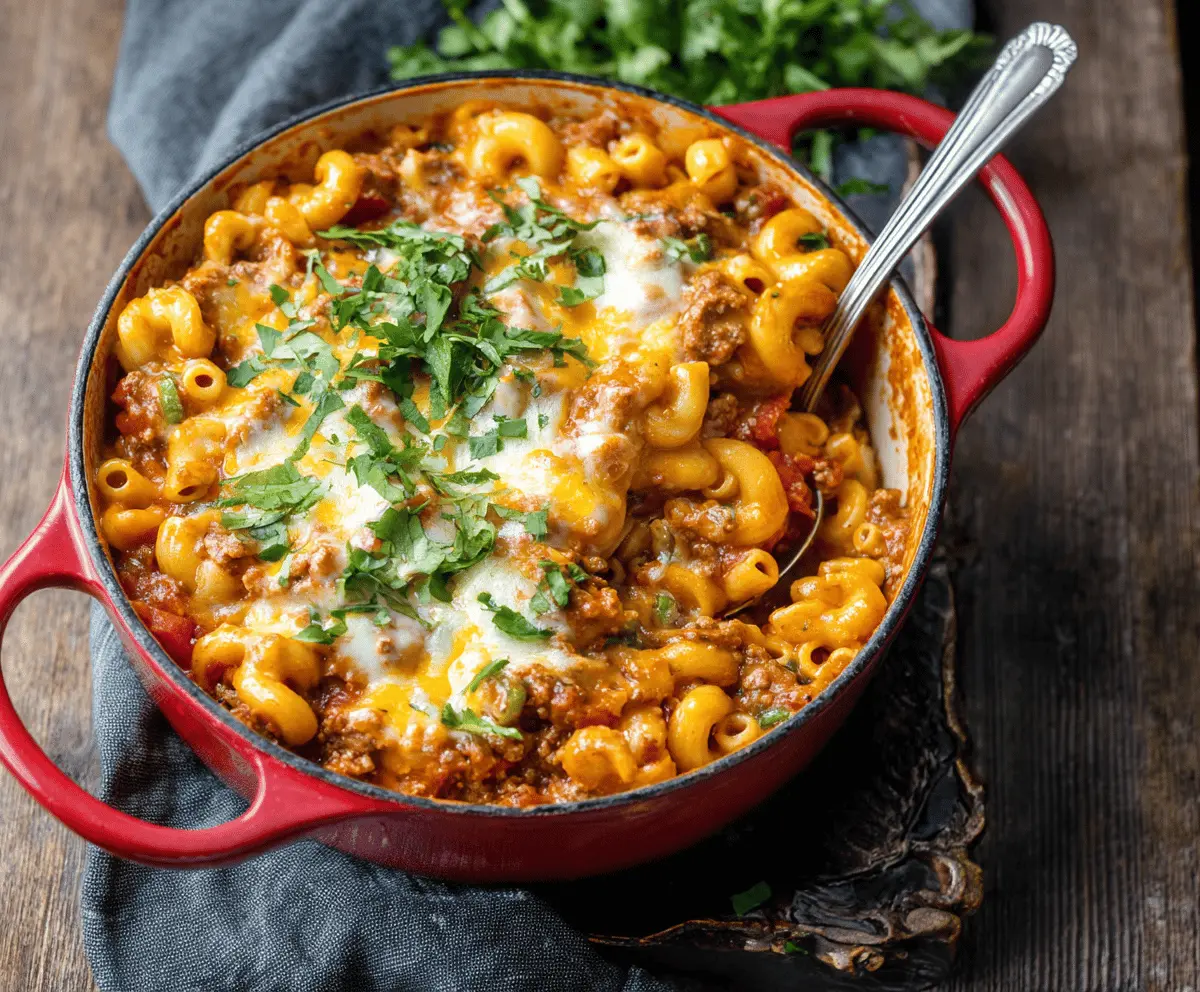 Delicious one pot chili mac and cheese served in a bowl, showcasing a cheesy, hearty meal with chili beans and melted cheese.