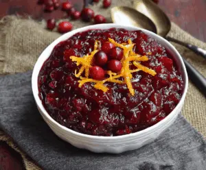 Vibrant orange amaretto cranberry sauce served in a bowl for festive occasions.