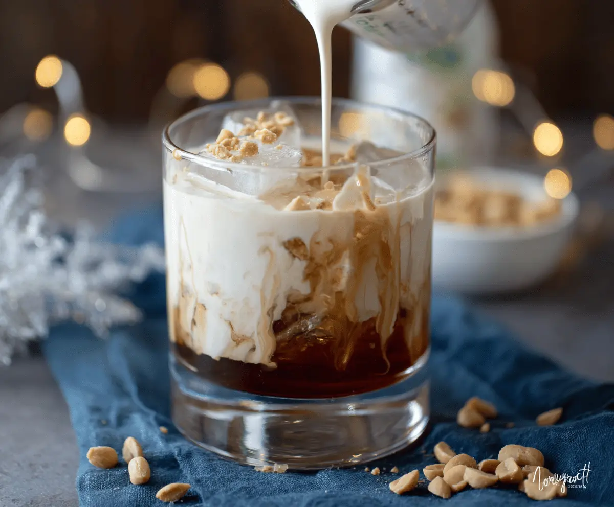 Creamy Peanut Butter White Russian cocktail garnished with a festive straw for Christmas celebration.