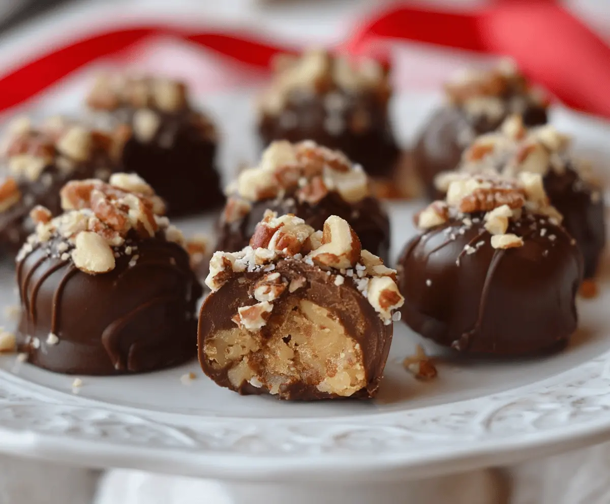Delicious Pecan Pie Truffles with a crunchy pecan topping and rich chocolate coating, perfect for dessert lovers.