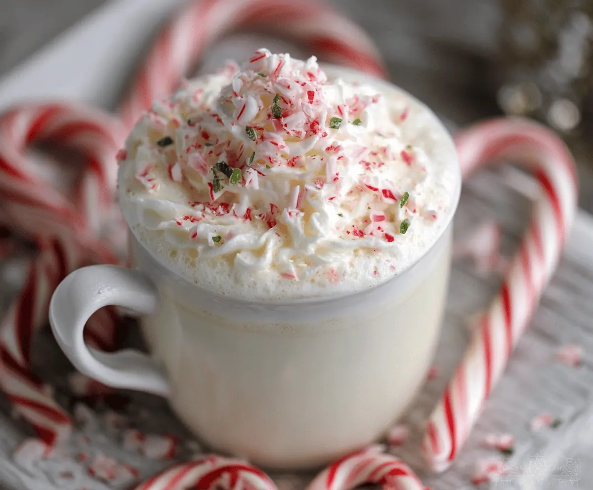 A warm cup of peppermint white hot chocolate topped with whipped cream and crushed peppermint candies.
