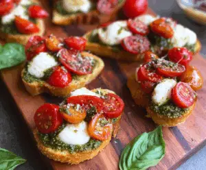 Delicious Pesto Tomato Mozzarella Crostini featuring fresh tomatoes, melted mozzarella, and basil pesto on toasted bread.