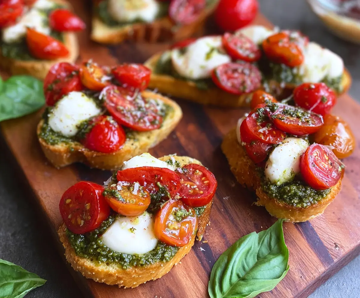 Delicious Pesto Tomato Mozzarella Crostini featuring fresh tomatoes, melted mozzarella, and basil pesto on toasted bread.