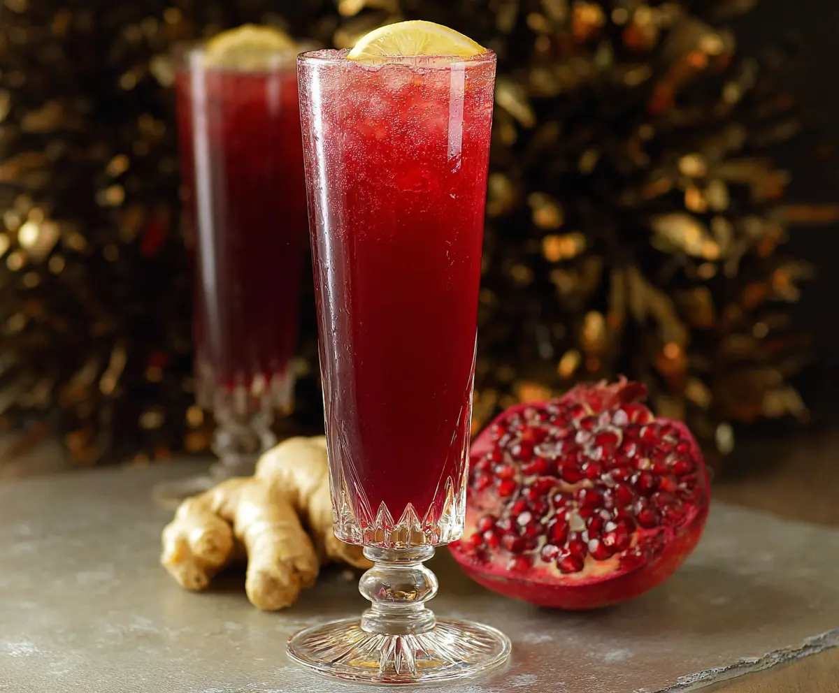 Fizzy Pomegranate Ginger Sparkler in a clear glass with fresh pomegranate seeds and ginger slices