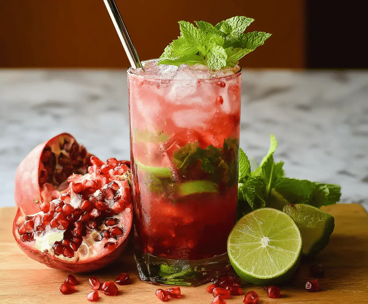 Refreshing Pomegranate Mojito cocktail garnished with mint leaves and lime slices.