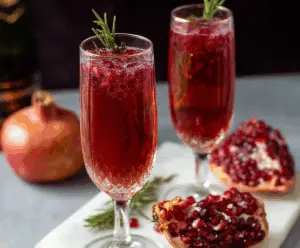 Refreshing Pomegranate Prosecco Cocktail in a glass garnished with pomegranate seeds and a festive straw.