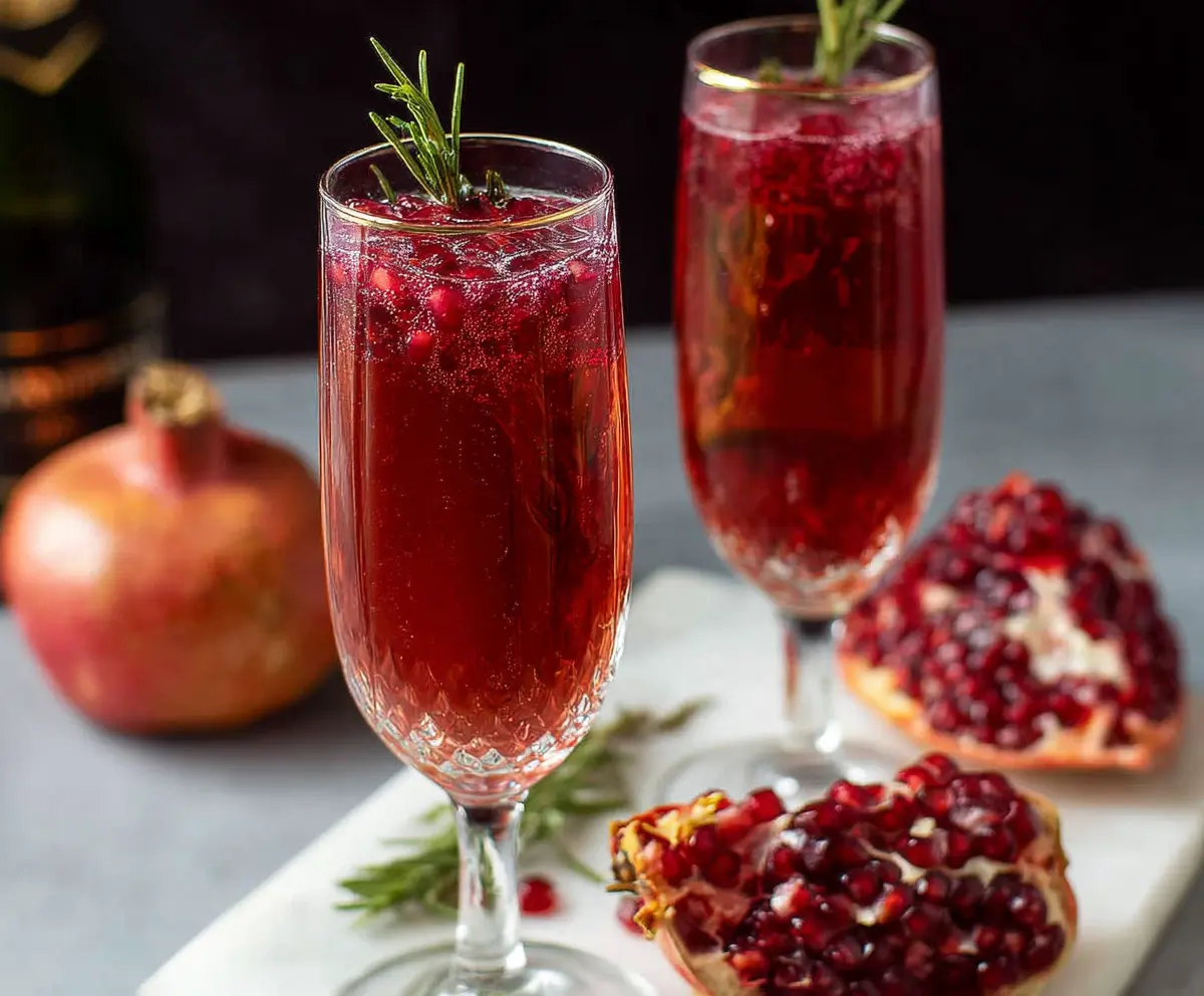 Refreshing Pomegranate Prosecco Cocktail in a glass garnished with pomegranate seeds and a festive straw.
