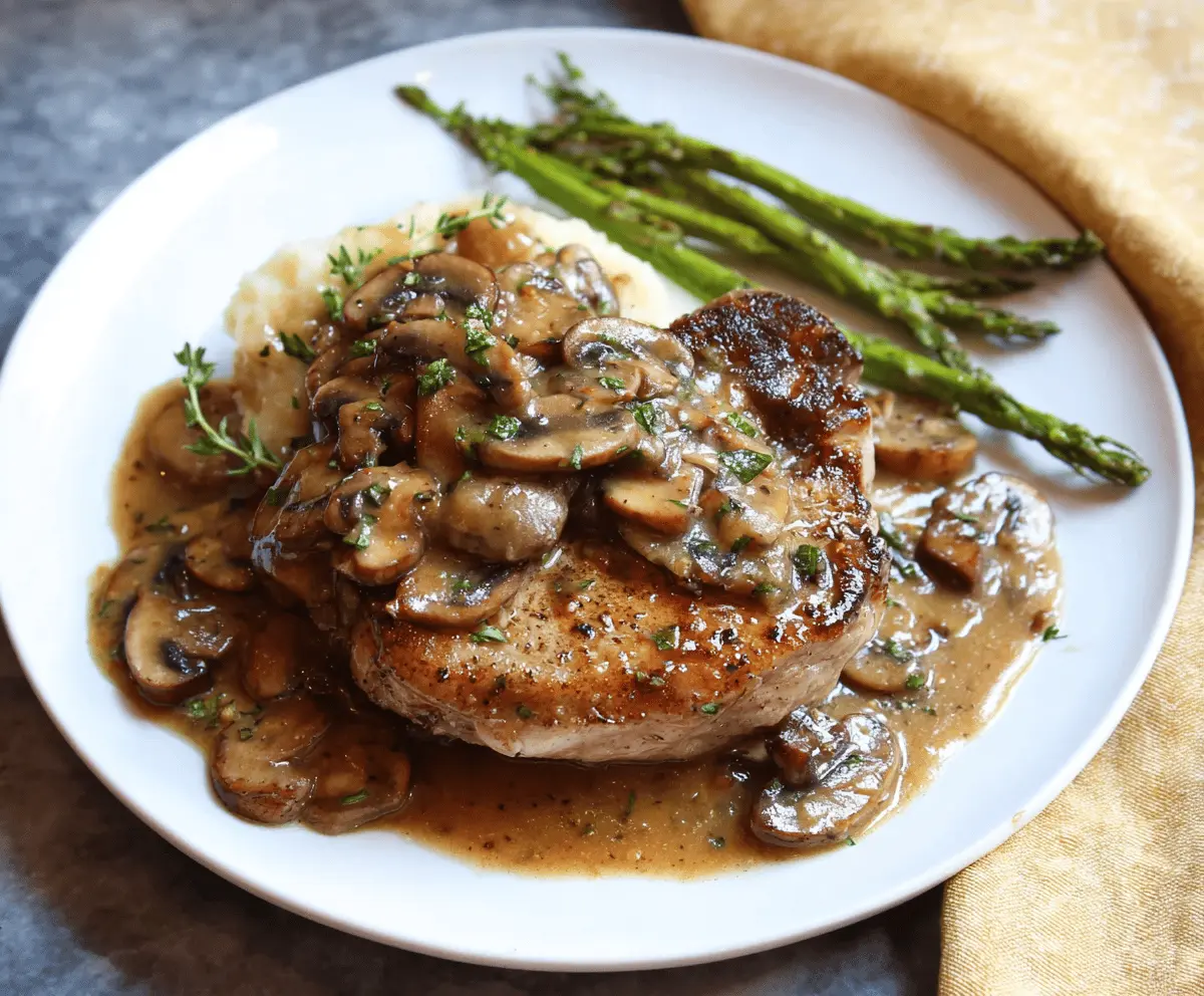 Juicy pork chops topped with rich mushroom gravy served on a dinner plate.