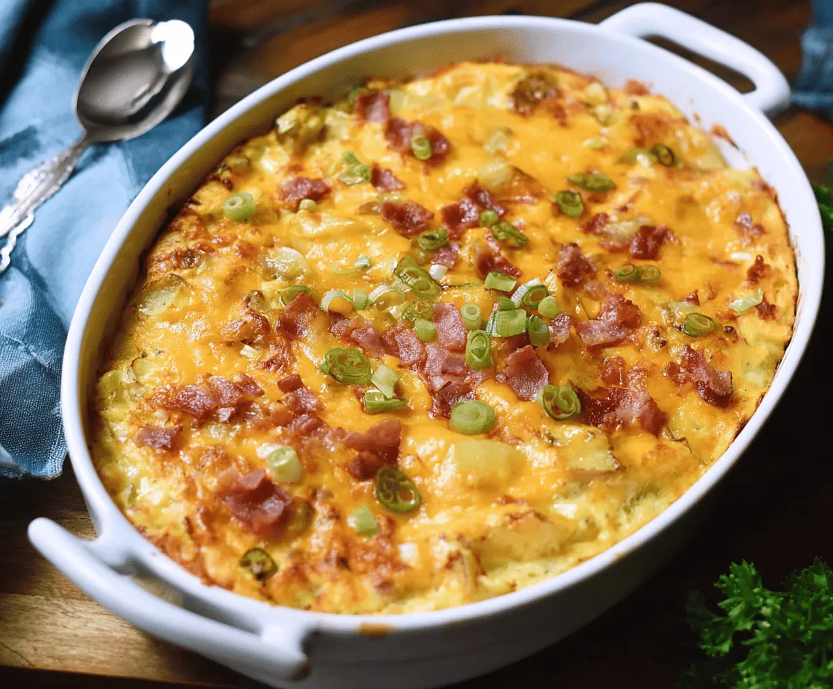 Delicious Potatoes O'Brien Breakfast Casserole with melted cheese and colorful vegetables