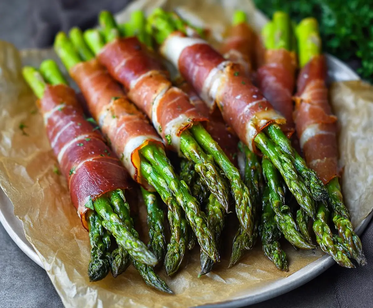 Delicious prosciutto-wrapped asparagus appetizer on a white plate, perfect for parties and healthy snacks