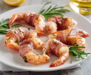 Delicious prosciutto-wrapped shrimp served on a white plate, perfect appetizer for parties.