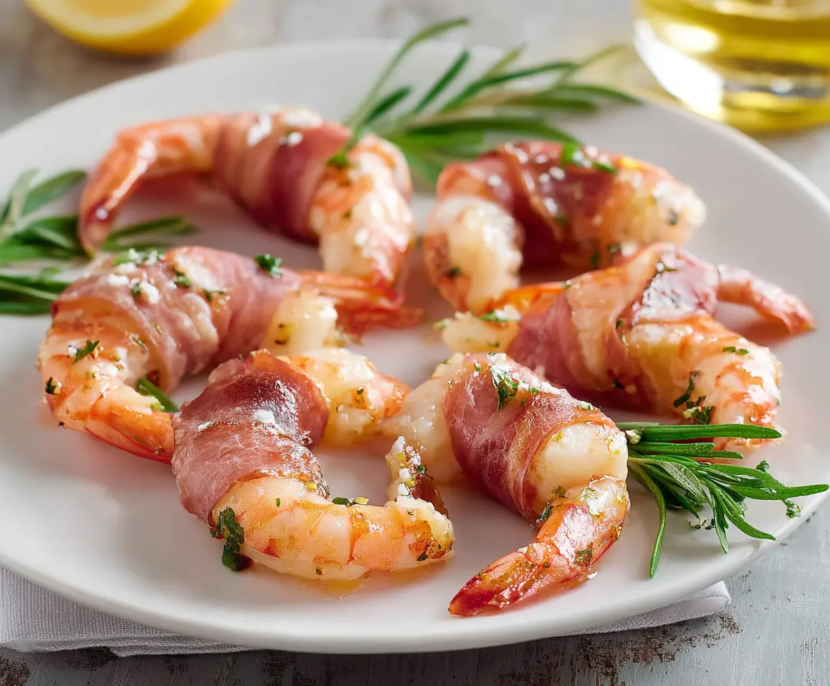 Delicious prosciutto-wrapped shrimp served on a white plate, perfect appetizer for parties.