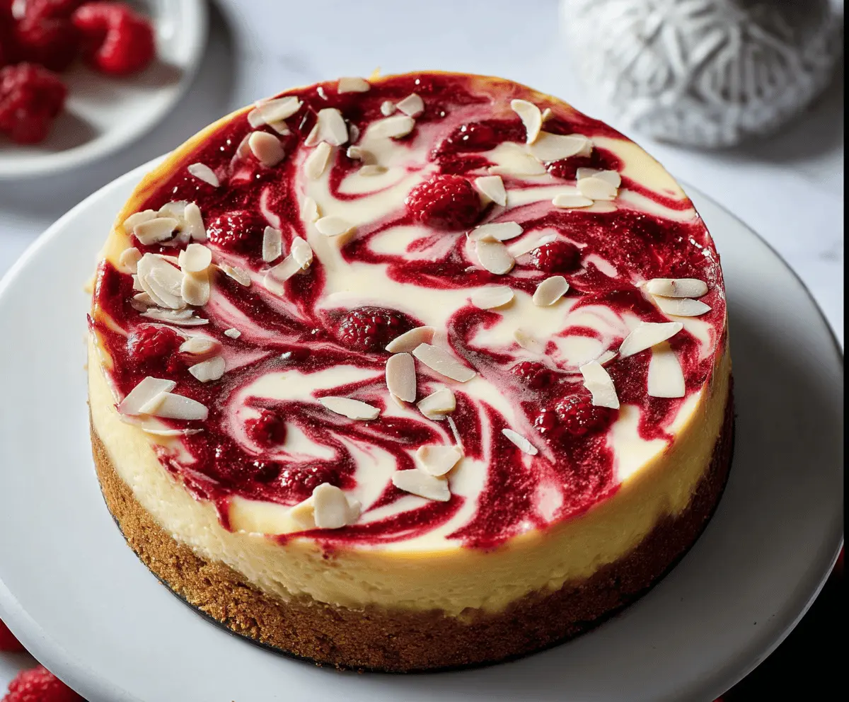 Delicious Raspberry Almond Cheesecake with fresh berries and almond topping