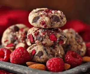Delicious raspberry almond cookies with colorful freeze-dried berries for a tasty treat.
