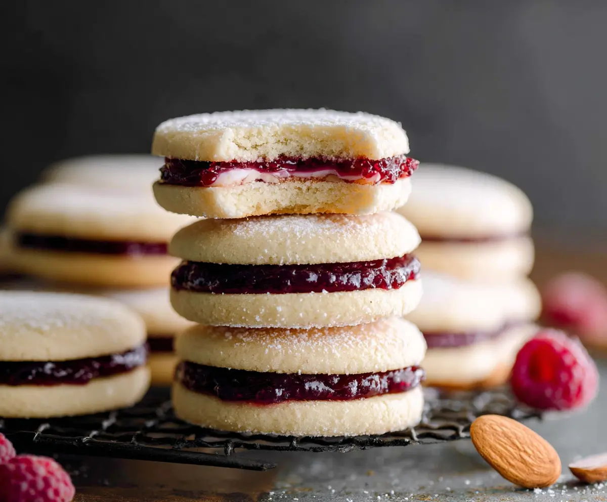 Delicious raspberry almond sandwich cookies with raspberry filling and almond-flavored cookies.