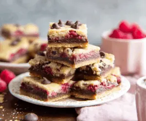 Delicious Raspberry Chocolate Chip Shortbread Bars on a plate with fresh raspberries.