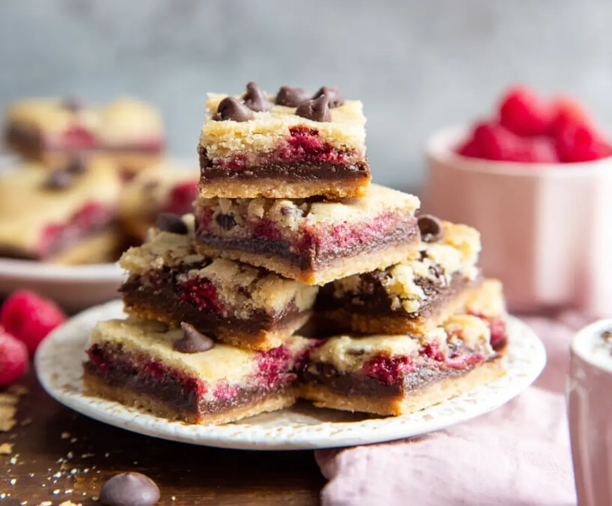 Delicious Raspberry Chocolate Chip Shortbread Bars on a plate with fresh raspberries.