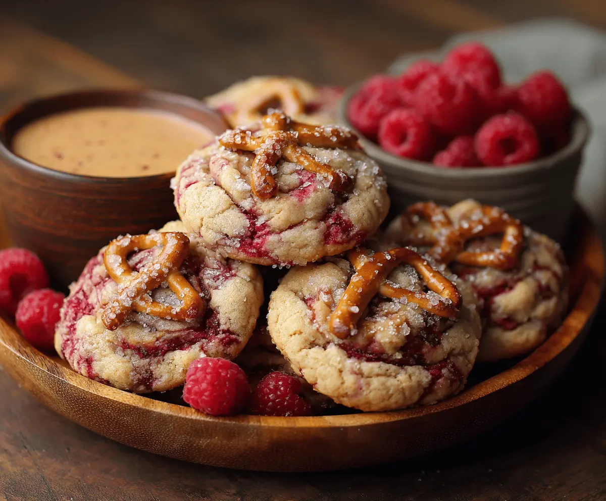 Delicious Raspberry Pretzel Cookies with a sweet and salty flavor, featuring fresh raspberries and crunchy pretzels.