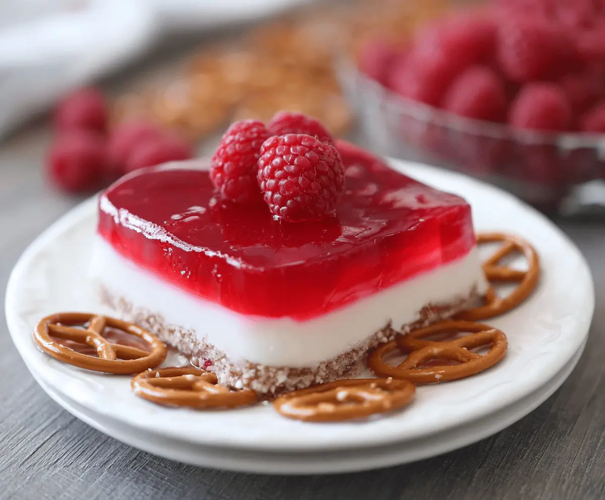 Delicious Raspberry Pretzel Jello dessert layered with raspberries and crushed pretzels.