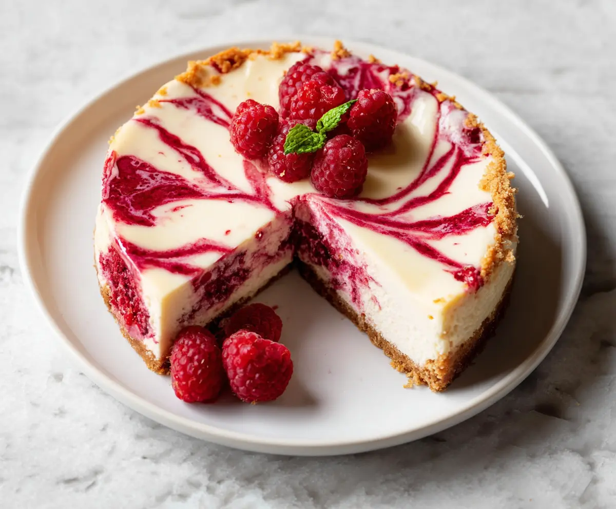 Delicious raspberry swirl cheesecake with a creamy texture and vibrant berry topping.