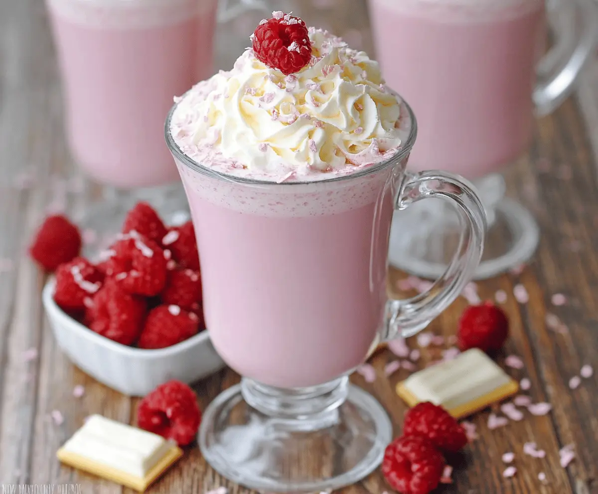 Creamy raspberry white hot chocolate topped with whipped cream and fresh raspberries in a cozy mug.