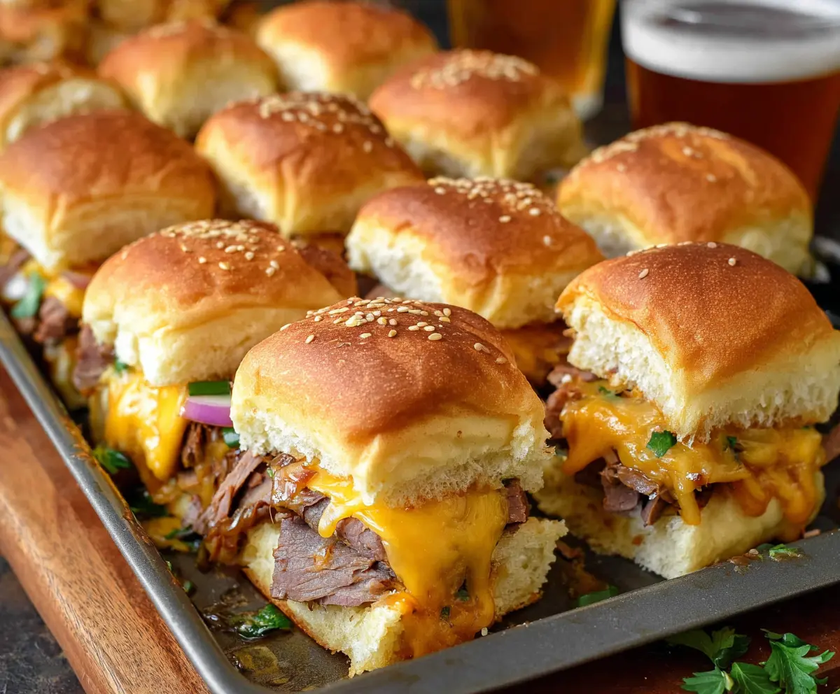 Delicious roast beef and cheddar sliders on a platter, perfect for parties and gatherings.