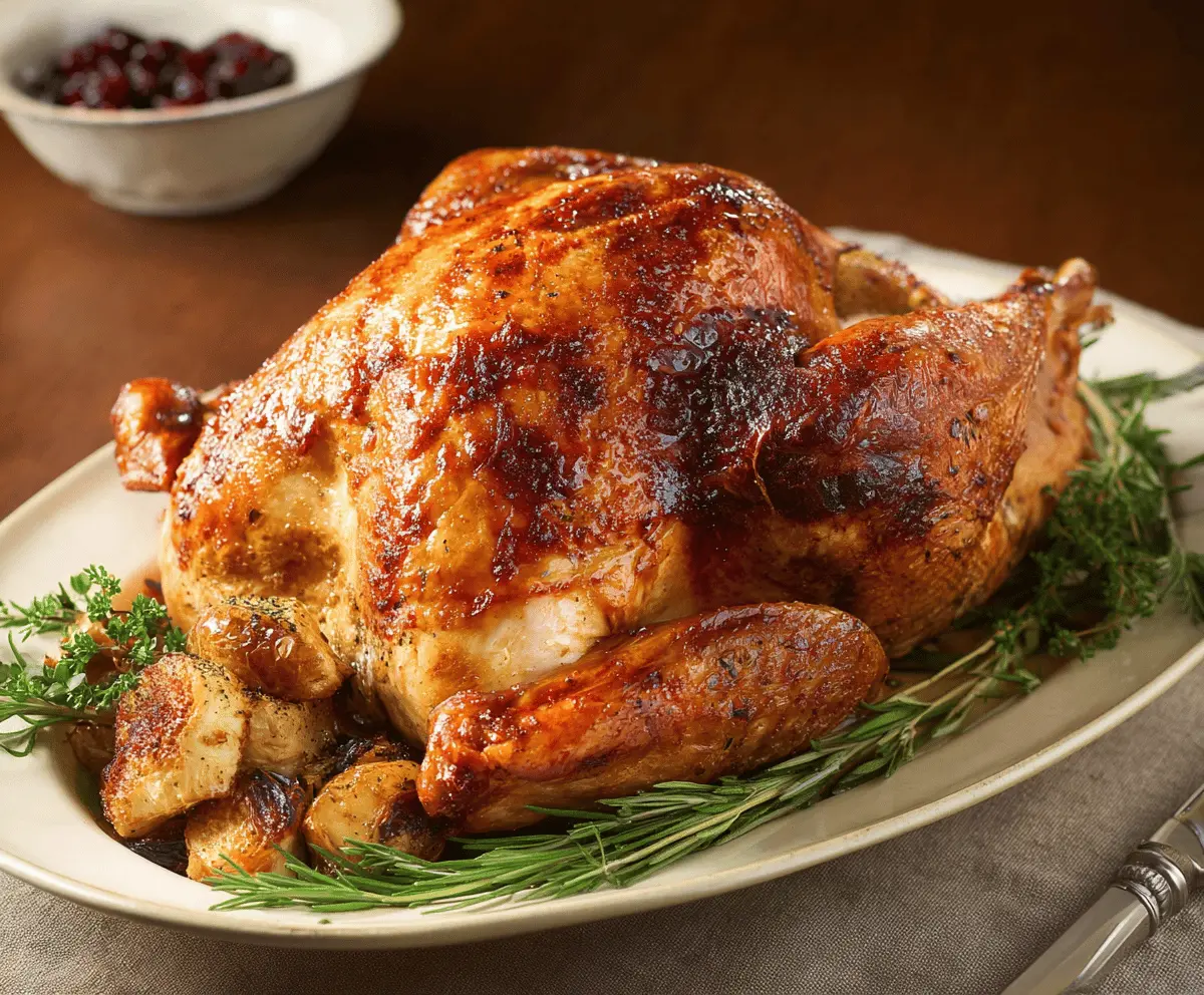 Juicy roasted turkey served on a platter, golden brown and garnished with herbs.