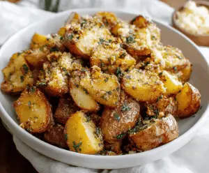 Golden roasted garlic Parmesan potatoes served on a white platter, perfect for a savory side dish.