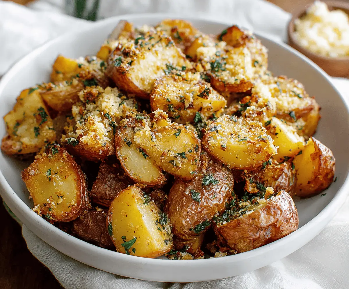 Golden roasted garlic Parmesan potatoes served on a white platter, perfect for a savory side dish.