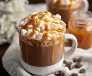 Creamy salted caramel hot chocolate topped with whipped cream and caramel drizzle in a cozy mug.