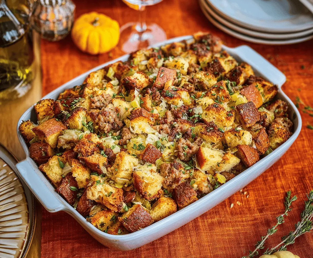 Delicious sausage stuffing with herbs and breadcrumbs, perfect for holiday dinners