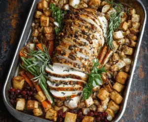 Delicious Sheet Pan Turkey Dinner with vegetables and herbs for easy family meal