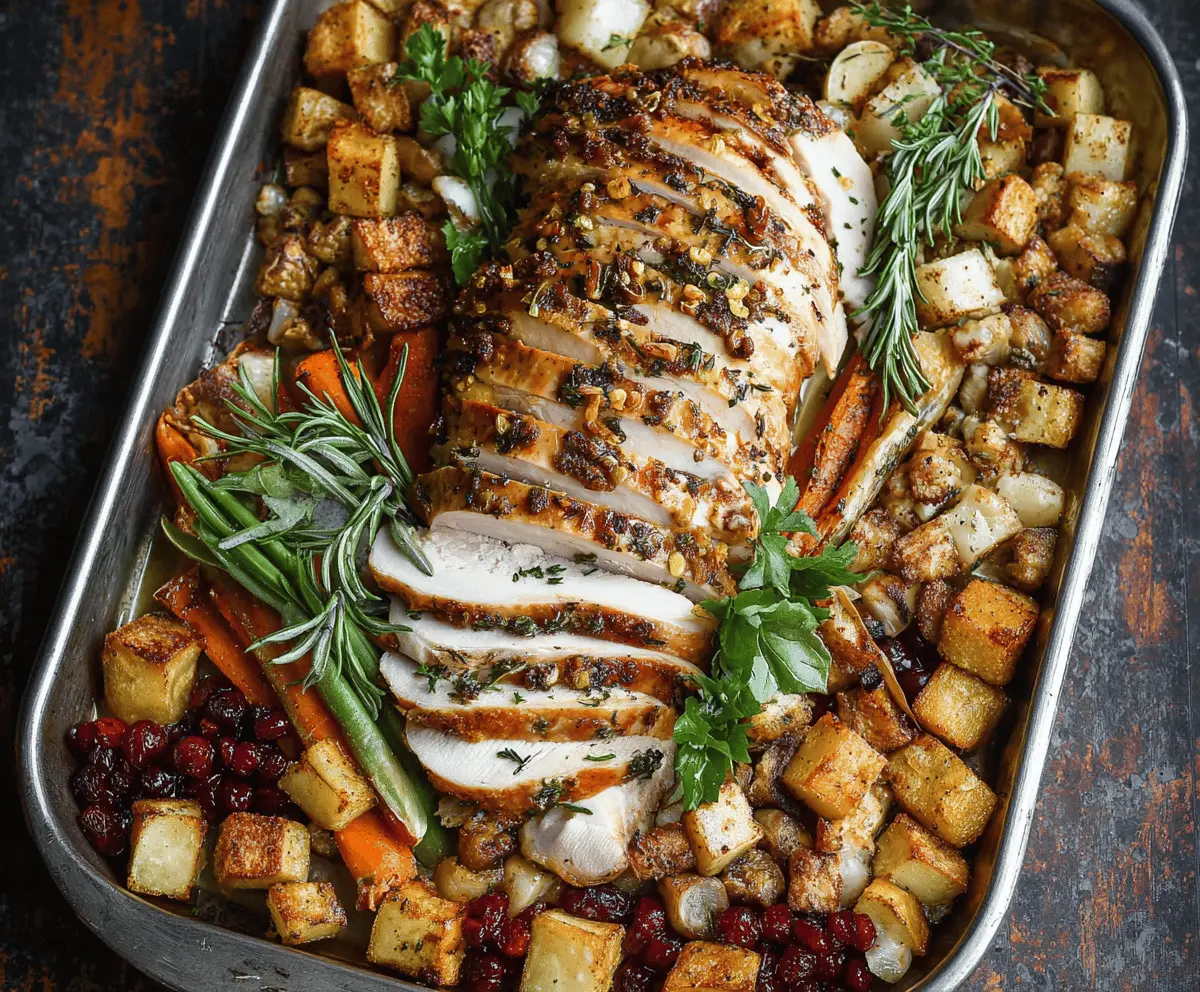 Delicious Sheet Pan Turkey Dinner with vegetables and herbs for easy family meal