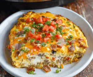 Delicious slow cooker breakfast casserole with eggs, cheese, and vegetables ready to serve.