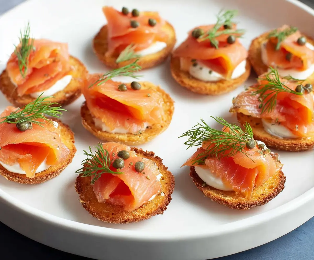 Delicious smoked salmon canapés garnished with fresh herbs on a rustic serving platter.