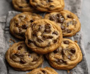 Delicious soft-batch chocolate chip cookies fresh out of the oven showing melted chocolate chips.